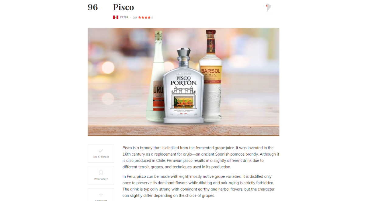 Pisco puesto 96 de la lista de las peores bebidas alcohólicas del mundo de TastleAtlas